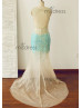 Sexy Sheer Blue Beaded Tulle Long Prom Dress